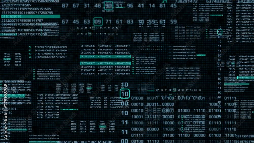 Poster HUD Futuristic Technology Digital Big Data Number Code Screen Information Display. Digit Binary Decimal Statistics Random Selection Fly Trough Animation 4K Footage Background.