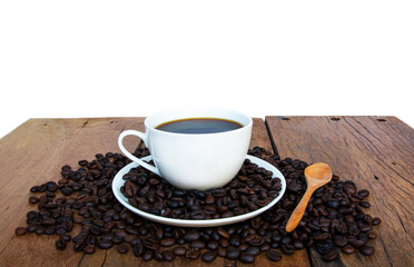 White coffee cups and roasted coffee beans placed on the old wood on a white background