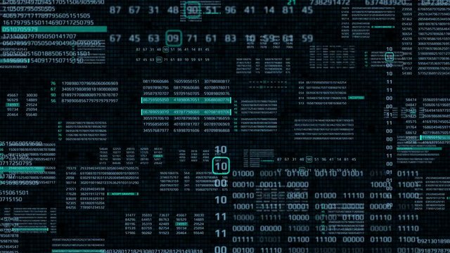 HUD Futuristic Technology Digital Big Data Number Code Screen Information Display. Digit Binary Decimal Statistics Random Selection Fly Trough Animation 4K Footage Background.