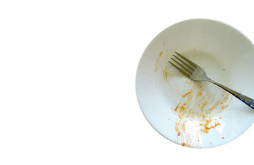 A top view of white empty dirty plate with sauce stains and fork after meal on the table. Copy space, concept, background, website usage,