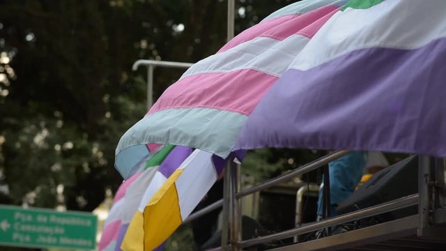 Slow motion shot of Pride flahgs