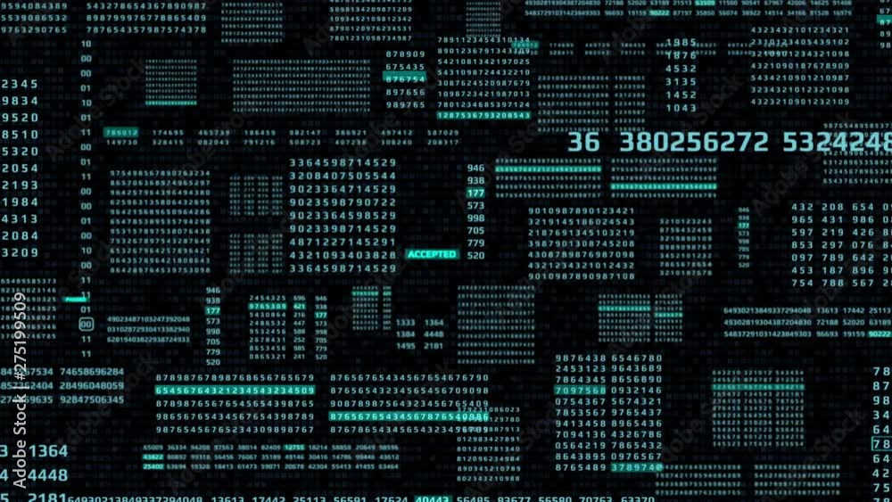 Aufkleber HUD Futuristic Technology Digital Big Data Number Code Screen Information Display. Digit Binary Decimal Statistics Random Selection Fly Trough Animation 4K Footage Background.