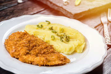 Chicken steak or schnitzel with mashed potatoes