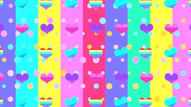 Looped rainbow hearts pattern, colorful dots, stars, lines, and rounded rectangles motion graphics.