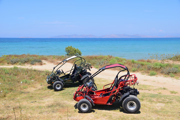 Two buggies standing on the beach