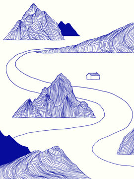 Landscape Blue Line Art Ink Drawing, Small House Besides The River With Mountains