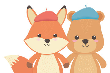 Fox and bear cartoon with hat design