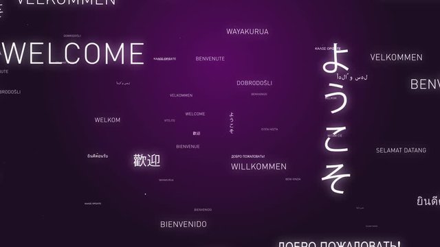 Animation of the word welcome in many different languages. In Purple background.