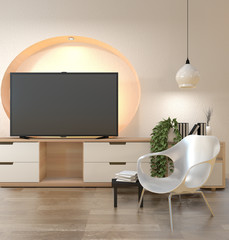 Tv cabinet in modern empty room wall shelf design hidden light Japanese - zen style,minimal designs. 3D rendering