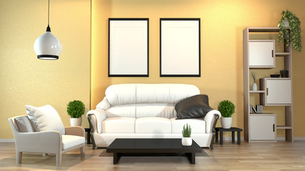 modern zen interior with sofa and green plants,lamp,decoration japanese style on Yellow wall design hidden light. 3d rendering
