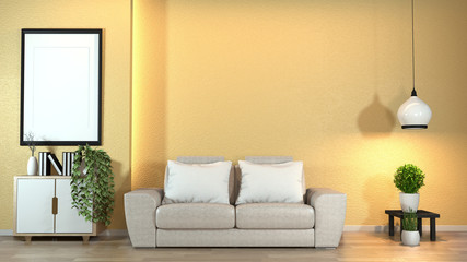 modern zen interior with sofa and green plants,lamp,decoration japanese style on Yellow wall design hidden light. 3d rendering