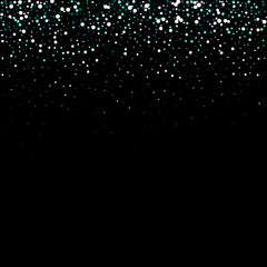 Blue, cyan, turquoise stars, shiny confetti. Scattered little sparkling, glitter elements. Random stellar falling on black background. New Year Christmas background. Vector illustration. -