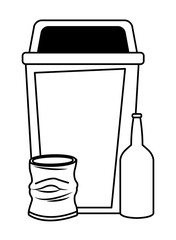 garbage can and glass bottle in black and white