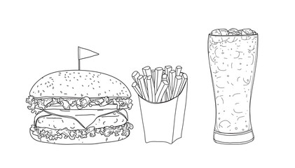 hamburger food set. glasses  hand drawn style line art Vector illustration