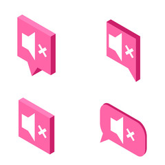 Volume mute isometric icons in speech bubbles set. Sound symbol. Vector illustration