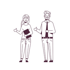 Obraz na płótnie Canvas happy businesspeople man woman holding hand with thumb up gesture couple coworkers standing together successful teamwork concept sketch line style full length
