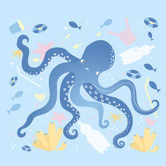 Fototapeta na wymiar Water pollution ecology concept. Sea inhabitants suffer from plastic, straws and dirty ocean or sea. Octopus swimming in a polluted water, full of garbage and trash.