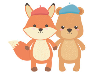 Obraz na płótnie Canvas Fox and bear cartoon with hat design