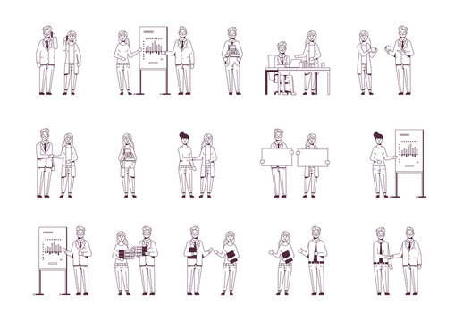 set businesspeople in different situations business people working process successful teamwork concepts collection male female colleagues sketch line style hand drawn full length horizontal