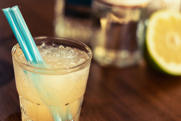 ice drink with green grapefruit juice on wooden table