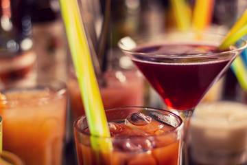 drinks on bar table close up