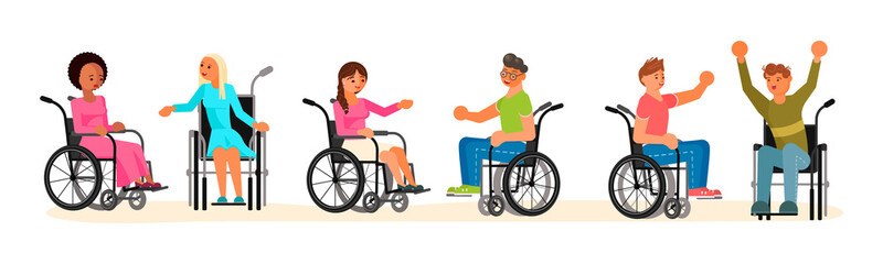 Fototapeta na wymiar Set of disabled people in wheelchair
