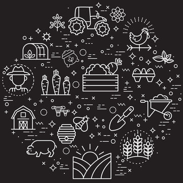 Simple Set of farm and agriculture Related Vector Line Illustration. Contains such Icons as apiculture, farming, organic and more. Modern style line drawing and background color black.