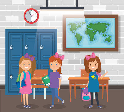 girls students with lockers and global map
