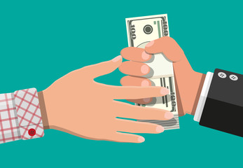 Hand giving money to other hand. Handshake. Hidden wages, salaries black payments, tax evasion, bribe. Anti corruption concept. Vector illustration in flat style