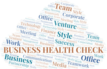 Business Health Check word cloud. Collage made with text only.