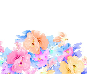 Hand drawn elegant colorful watercolor roses and peony flowers