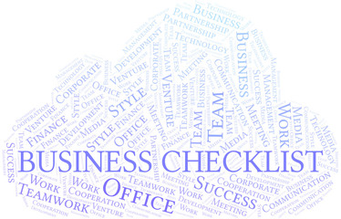Business Checklist word cloud. Collage made with text only.