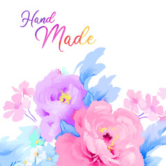 Hand drawn elegant colorful watercolor roses and peony flowers