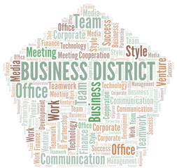 Business District word cloud. Collage made with text only.
