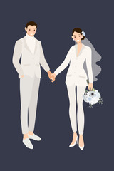 hipster wedding couple in suit pants holding hands invitation layout