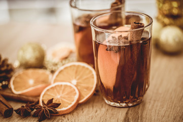 Mulled wine in night celebration of  New Year party and a delicious Christmas drink for autumn and winter season