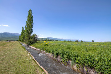 View of the central Tien Shan mountains in Kyrgyzstan with flowing water in the aryk and green fields