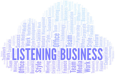 Listening Business word cloud. Collage made with text only.