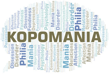 Kopomania word cloud. Type of mania, made with text only.
