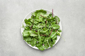 Mix of salad on plate, fresh leaves of arugula, lettuce, spinach and beet