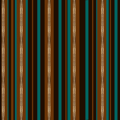 Jewelry striped vector seamless pattern. Brown, turquoise and gold stripes with diamonds on black background. Luxury template for design, textile, wallpaper, wrapping, jewelry box, ceramic tile.