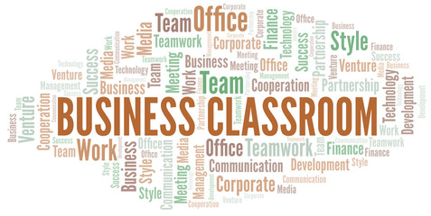 Business Classroom word cloud. Collage made with text only.