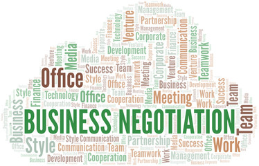 Business Negotiation word cloud. Collage made with text only.