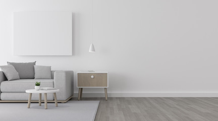 View of living room space with white sofa set and picture frame on white wall and bright laminate floor.Perspective of minimal Interior design. 3d rendering.