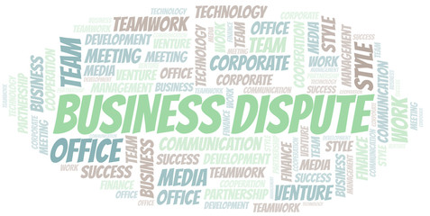 Business Dispute word cloud. Collage made with text only.