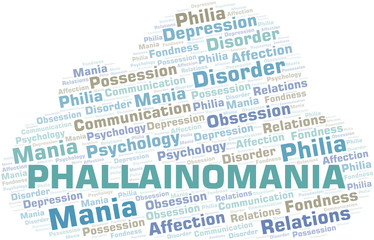 Phallainomania word cloud. Type of mania, made with text only.