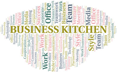 Business Kitchen word cloud. Collage made with text only.