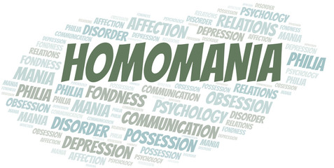 Homomania word cloud. Type of mania, made with text only.