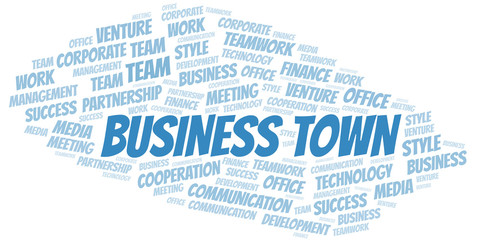 Business Town word cloud. Collage made with text only.