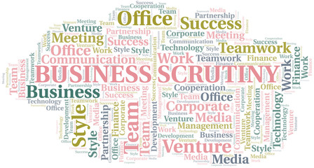 Business Scrutiny word cloud. Collage made with text only.